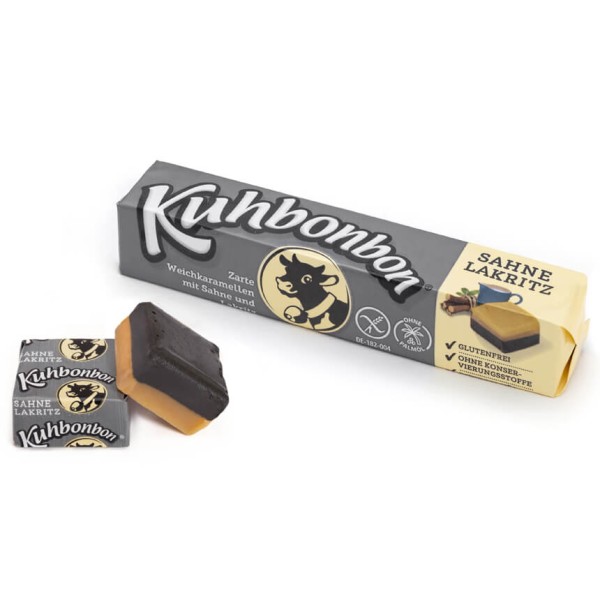 Bar of Kuhbonbon with cream licorice flavor plus 2 pieces of two-layered soft caramels, one indivually wrapped