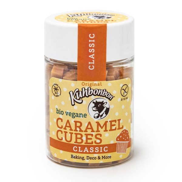 Bio vegan caramel mini cubes in a plastic jar from the Kuhbonbon brand