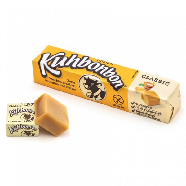 Kuhbonbon Classic stick pack with 2 pieces of soft caramel cubes, one indivually wrapped
