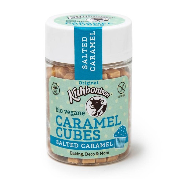 Bio vegan salted caramel mini cubes in a plastic jar from the Kuhbonbon brand