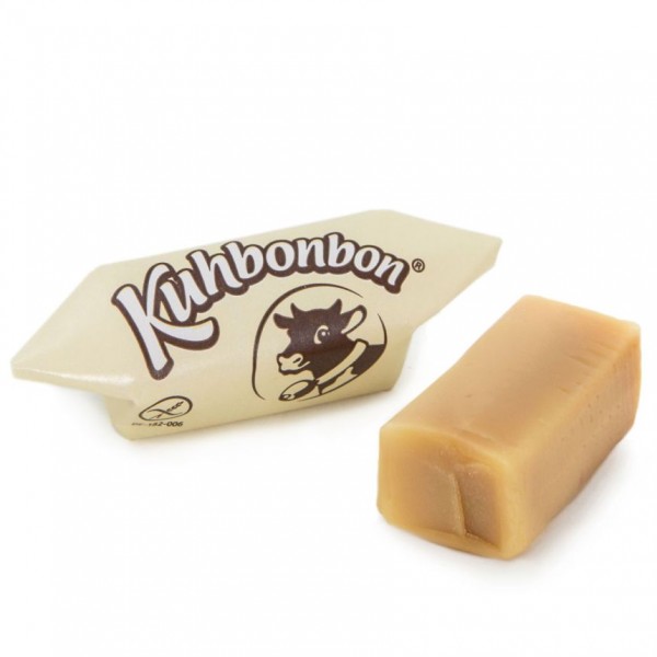 Two Classic soft caramel squares from the German candy manufacturer Kuhbonbon, one individually wrapped