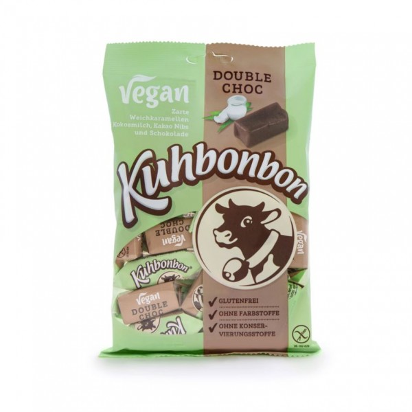 165g retail bag of non-dairy chocolate caramels Kuhbonbon Vegan Double Choc