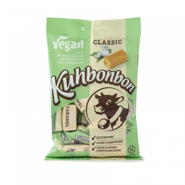 165g Packung mit leckeren veganen Karamellbonbons von Kuhbonbon