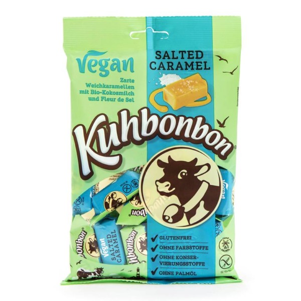 165g Packung mit leckeren veganen Salz-Karamellbonbons von Kuhbonbon