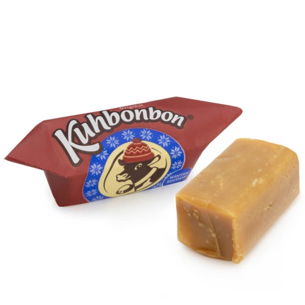 2 pieces of Kuhbonbon marzipan caramels - one wrapped, one unpacked