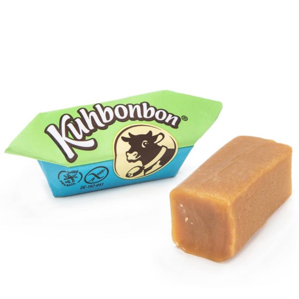 Two soft and salty vegan caramels from the German candy brand Kuhbonbon, one individually wrapped