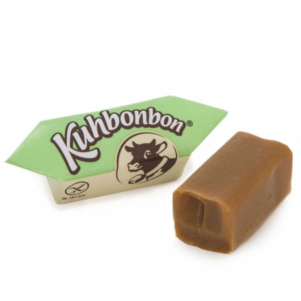 Two soft vegan caramels from the German candy brand Kuhbonbon, one individually wrapped