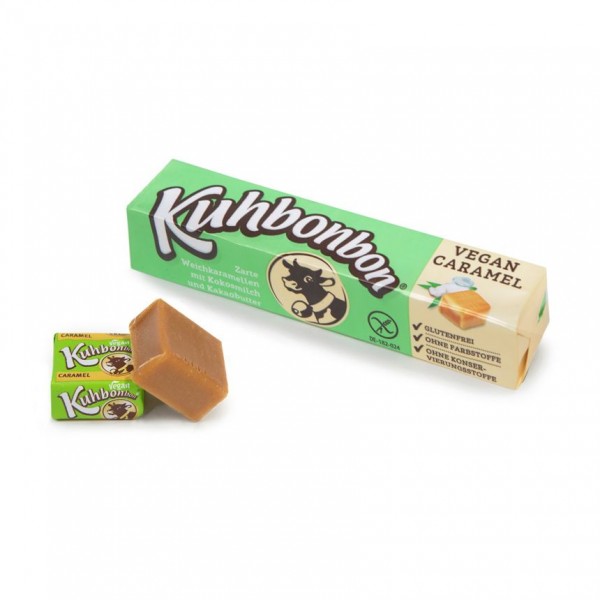 Stick pack of Kuhbonbon Vegan Caramel with 2 bonbons, one of them wrapped
